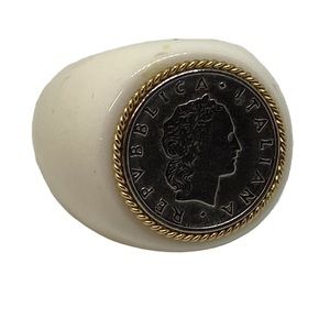 MILOR 14K Gold Cream White Ceramic Italian Lira Coin Ring Size 7